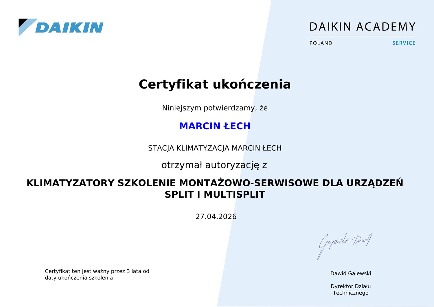 Certyfikat Daikin